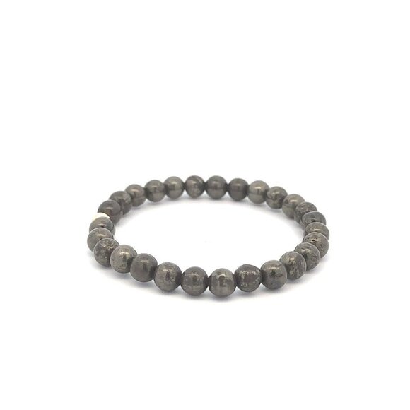 Natural Pyrite 6mm Stretchable Bracelet 18k Gold Bead Charm - Picture 3 of 5